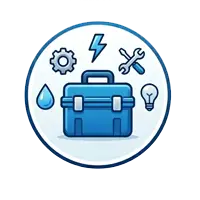 Blue toolbox inside a circular badge with tools and symbols for maintenance and repair.