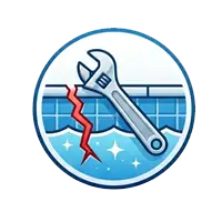 Circular pool repair icon with a wrench fixing a crack in a blue pool background