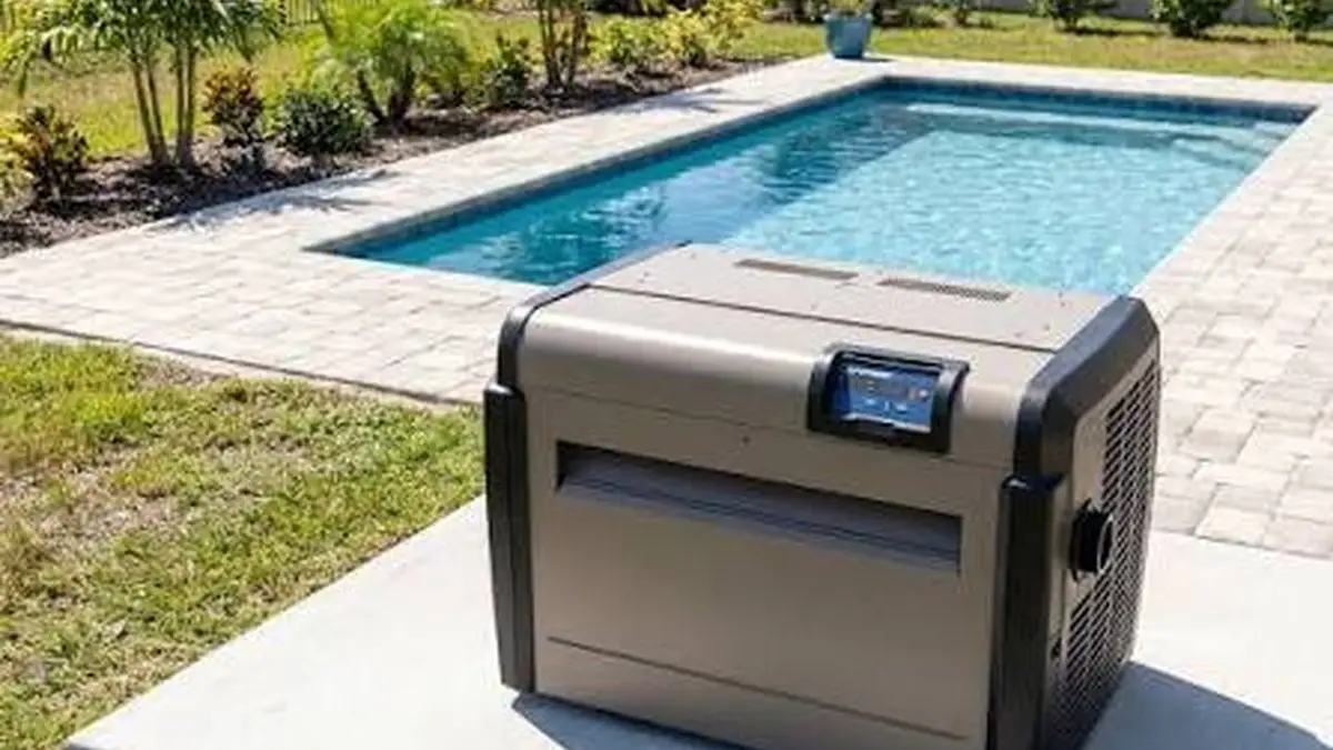 Gas pool heater installed beside a backyard pool in Riverside, CA