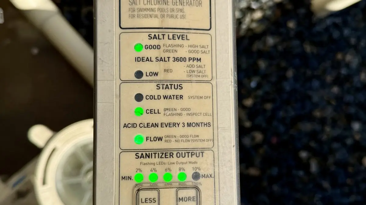 salt-cell-chlorine-generator-riverside - Pool Time Salt cell chlorine generator control panel on a Riverside, CA pool