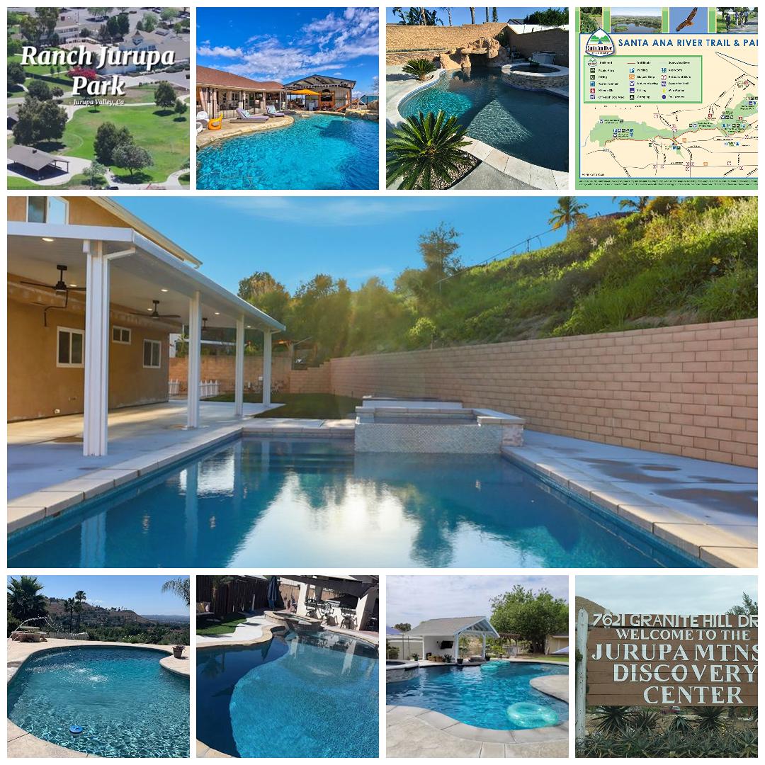 Jurupa-Valley-Pool-Service-Done-the-Easy-Wayjpg - Pool Time - Pool Time Collage showing Jurupa Ranch Park with multiple pools, a map, and sign about local attractions nearby.