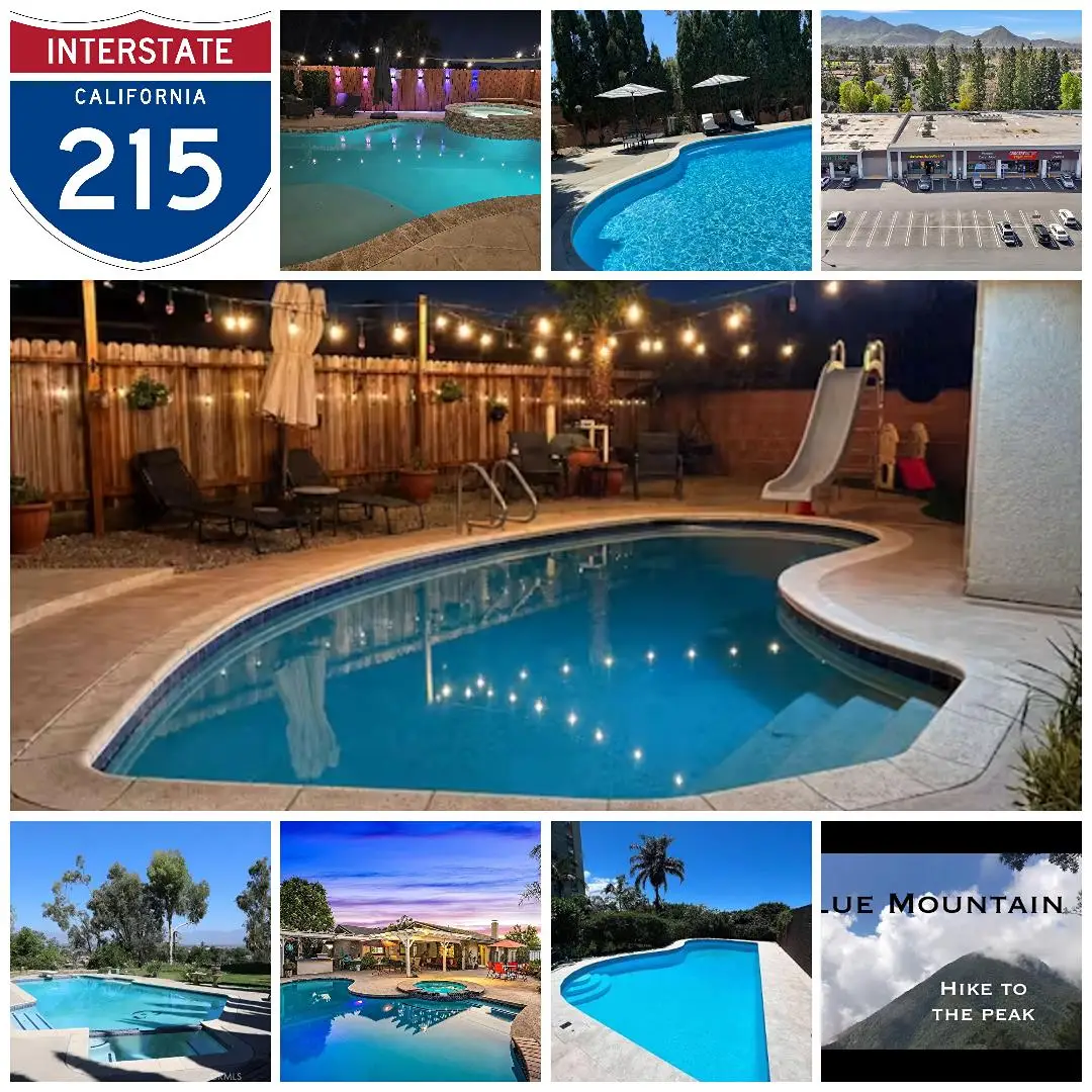 The-Reliable-Way-to-a-Sparkling-Grand-Terrace-Pooljpg - Pool Time - Pool Time Collage showing pool areas at a resort, including a large curved pool at night with string lights, a slide, and surrounding lounge seating; top left features an Interstate 215 California road sign with pool photos elsewhere in the collage.